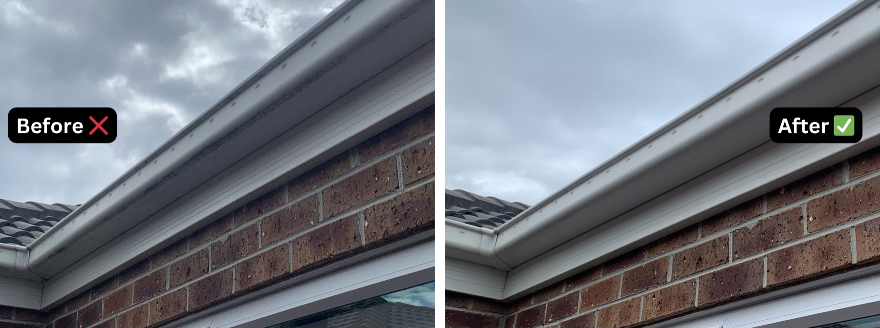 Before and after: dirty fascia and gutter line, then spotless after cleaning by Skye High Window Cleaning