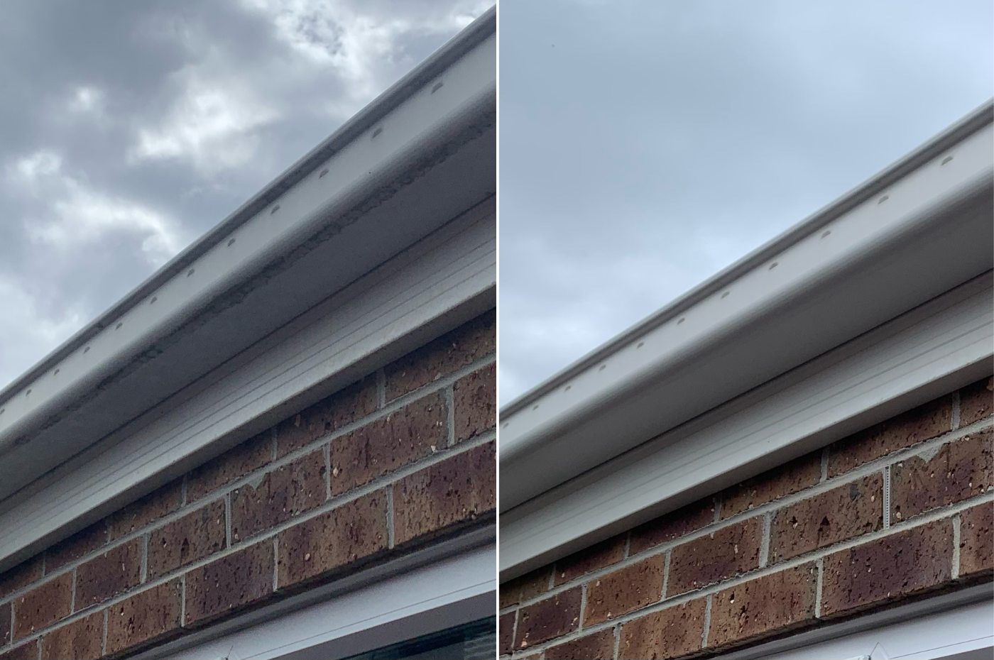 Before and after exterior gutter and fascia cleaning showing dirt removed