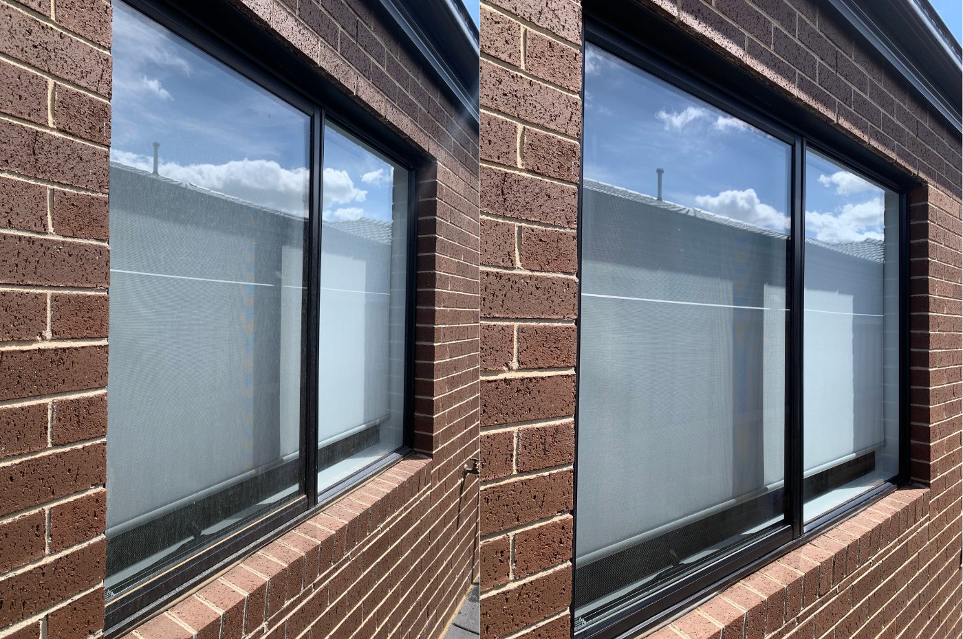 Before and after window and flyscreen cleaning showing clear glass